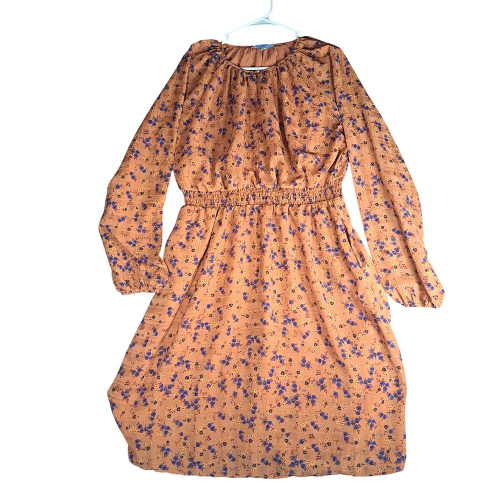 Draper James RSVP Floral Smocked Waist‎ Midi Dress XL Orange Blue Cottagecore